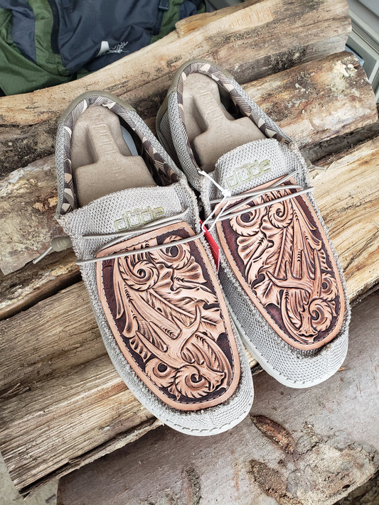 Men's size 14 loafers with custom tooled leather patches