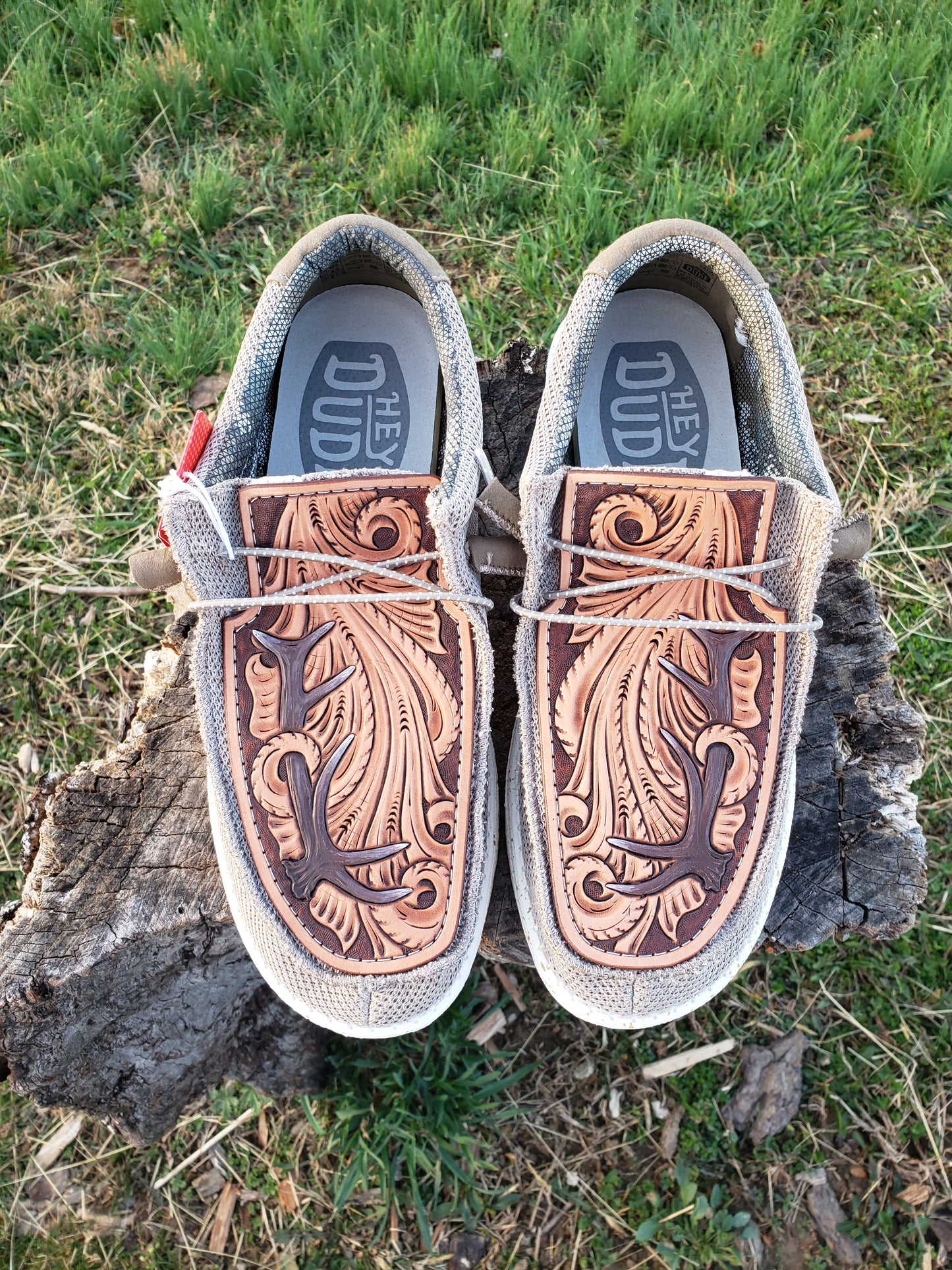 Men's size 10 loafers with custom tooled leather patches
