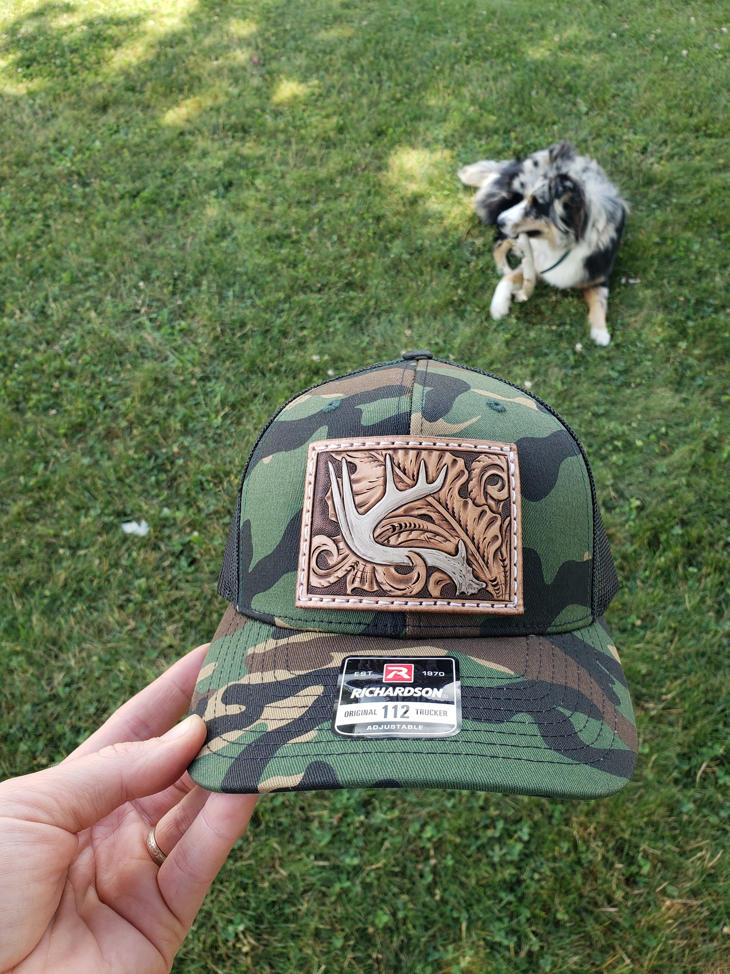 Tooled whitetail deer Antler Patch Hat