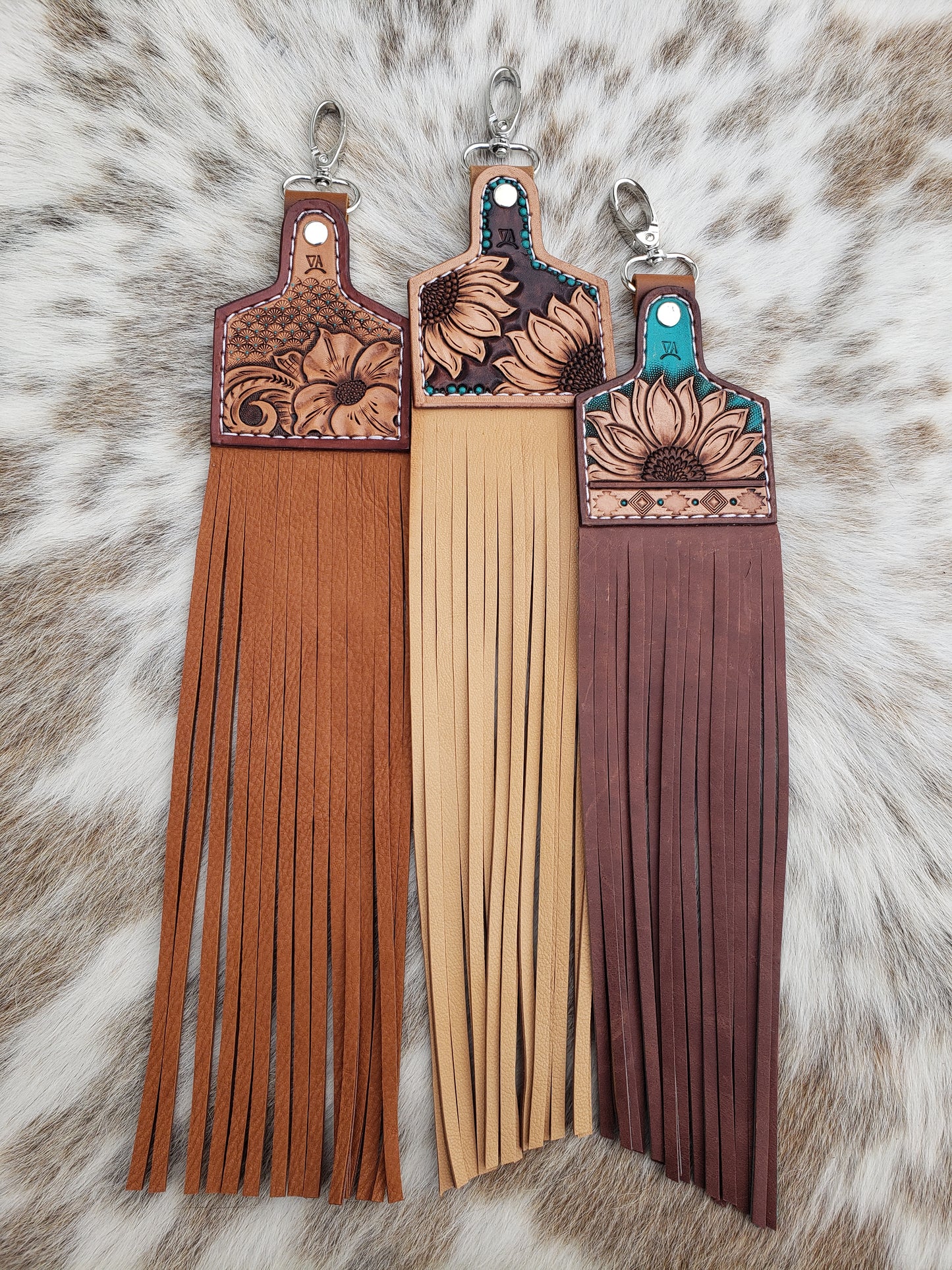 Cow tag charms with double sided fringe