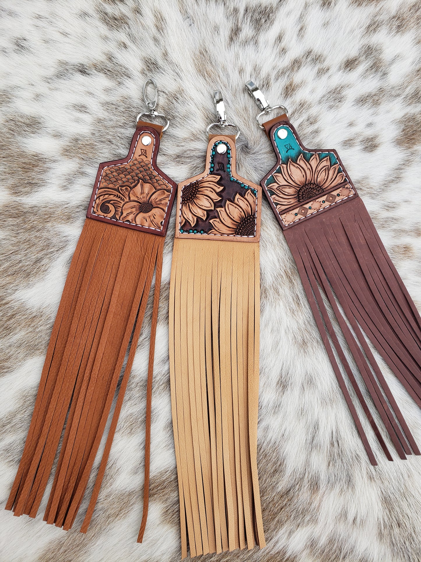 Cow tag charms with double sided fringe
