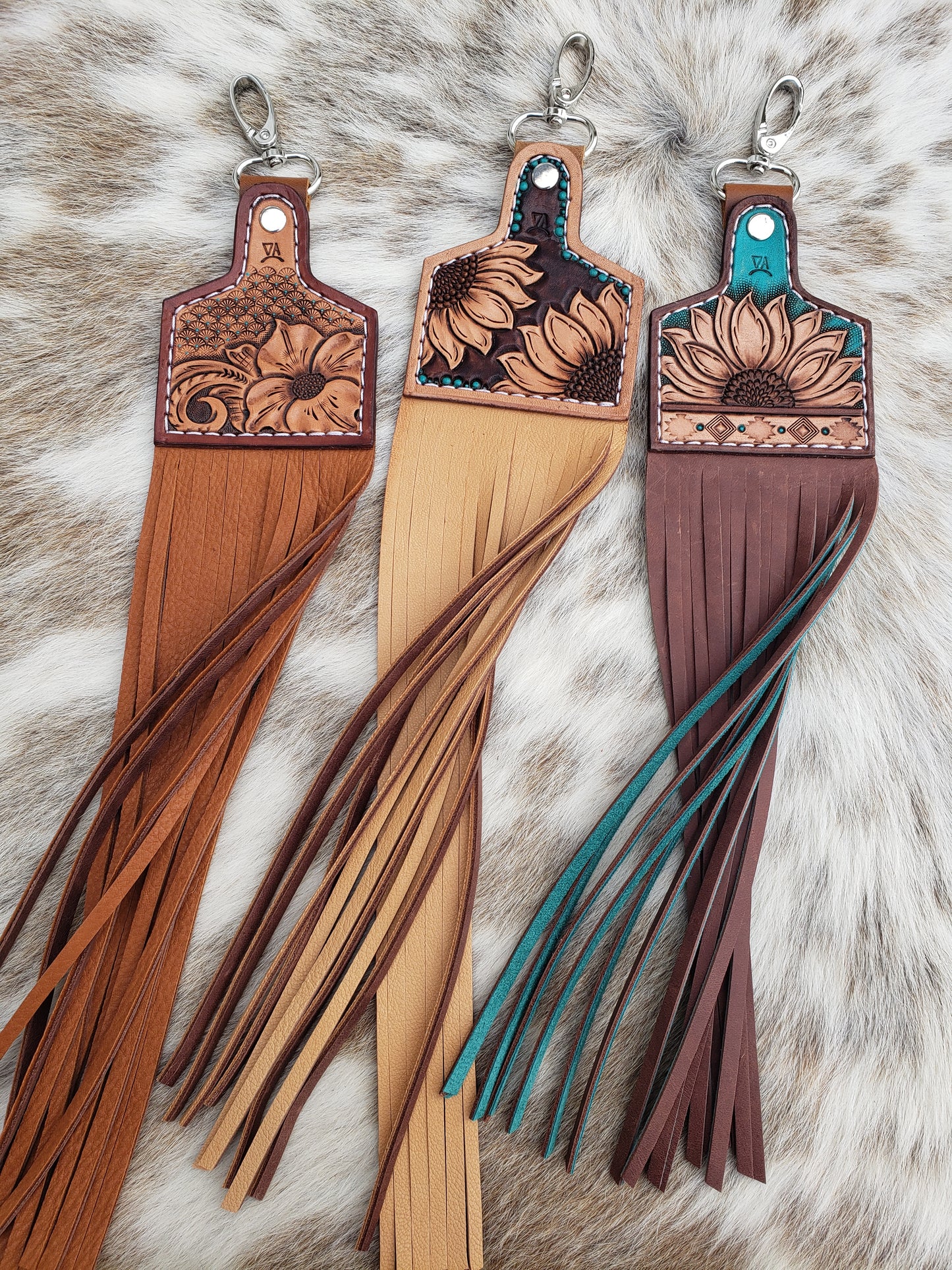 Cow tag charms with double sided fringe