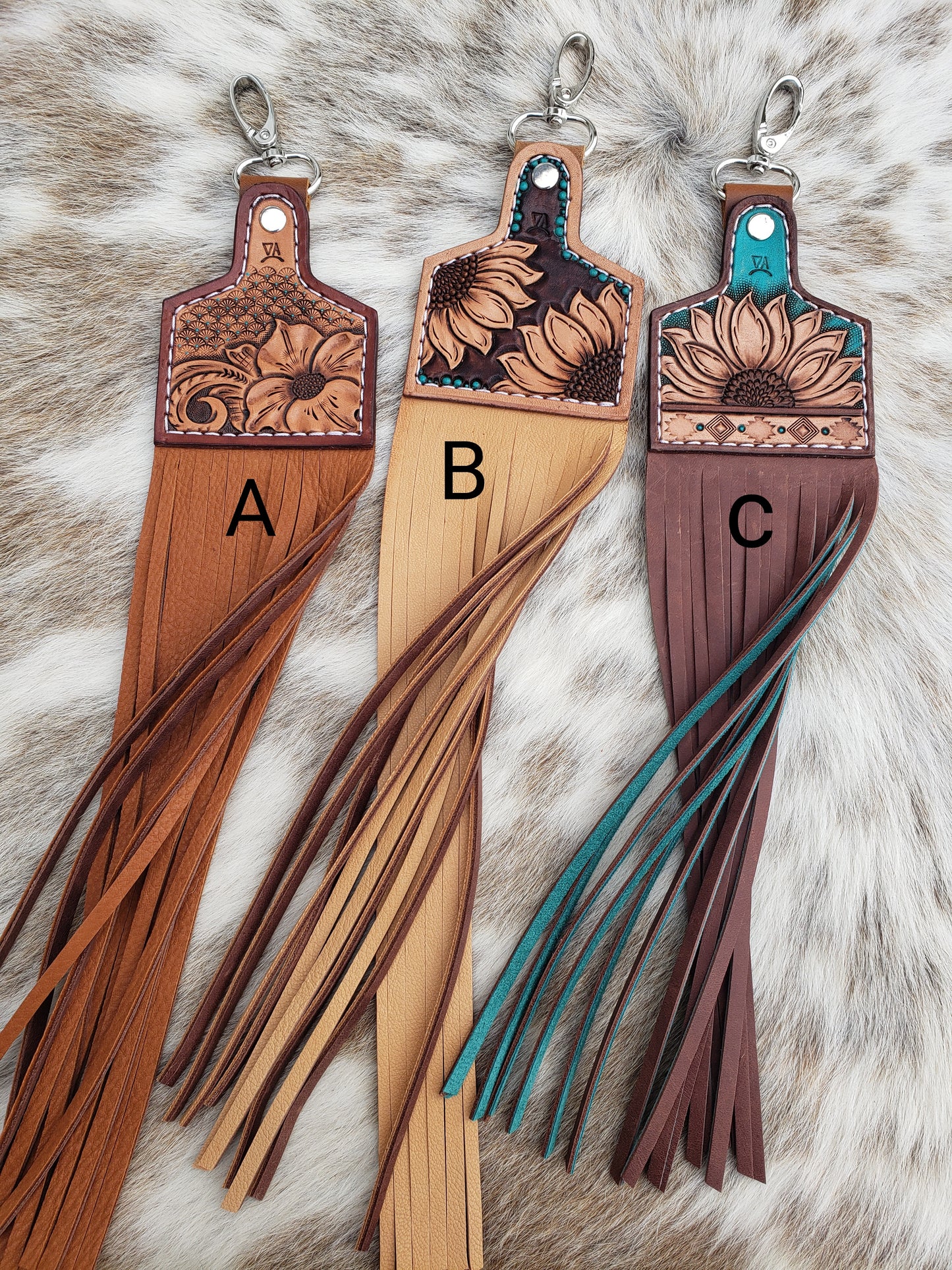 Cow tag charms with double sided fringe