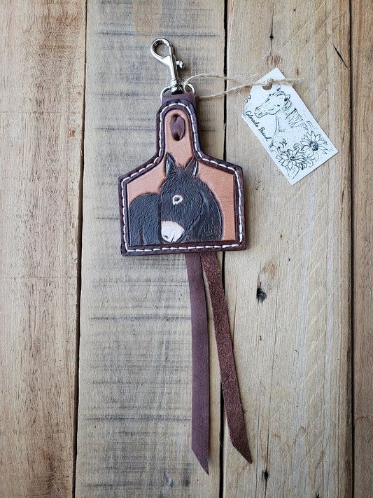 Handmade tooled Donkey cow tag bag charm keychain