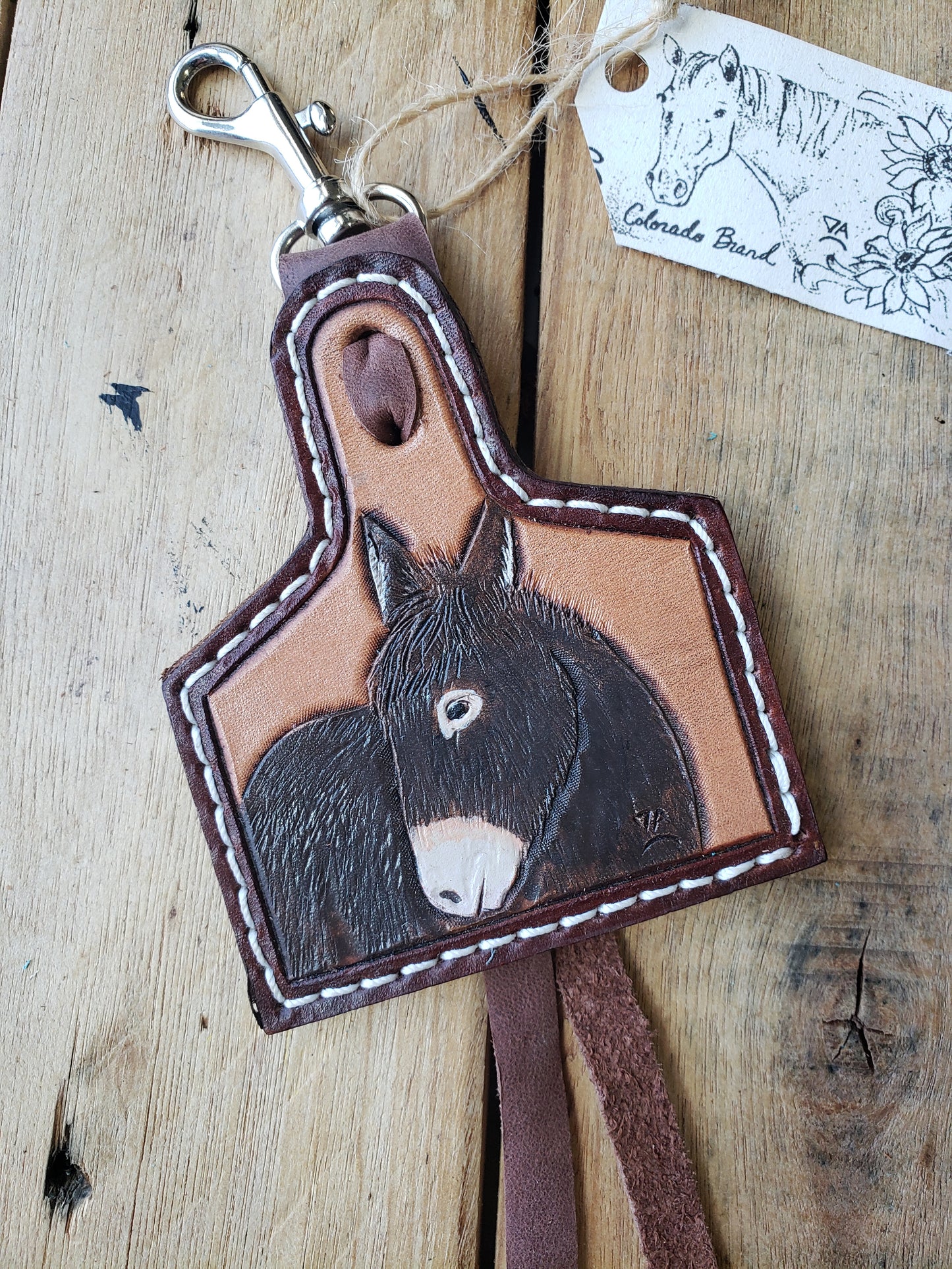 Handmade tooled Donkey cow tag bag charm keychain