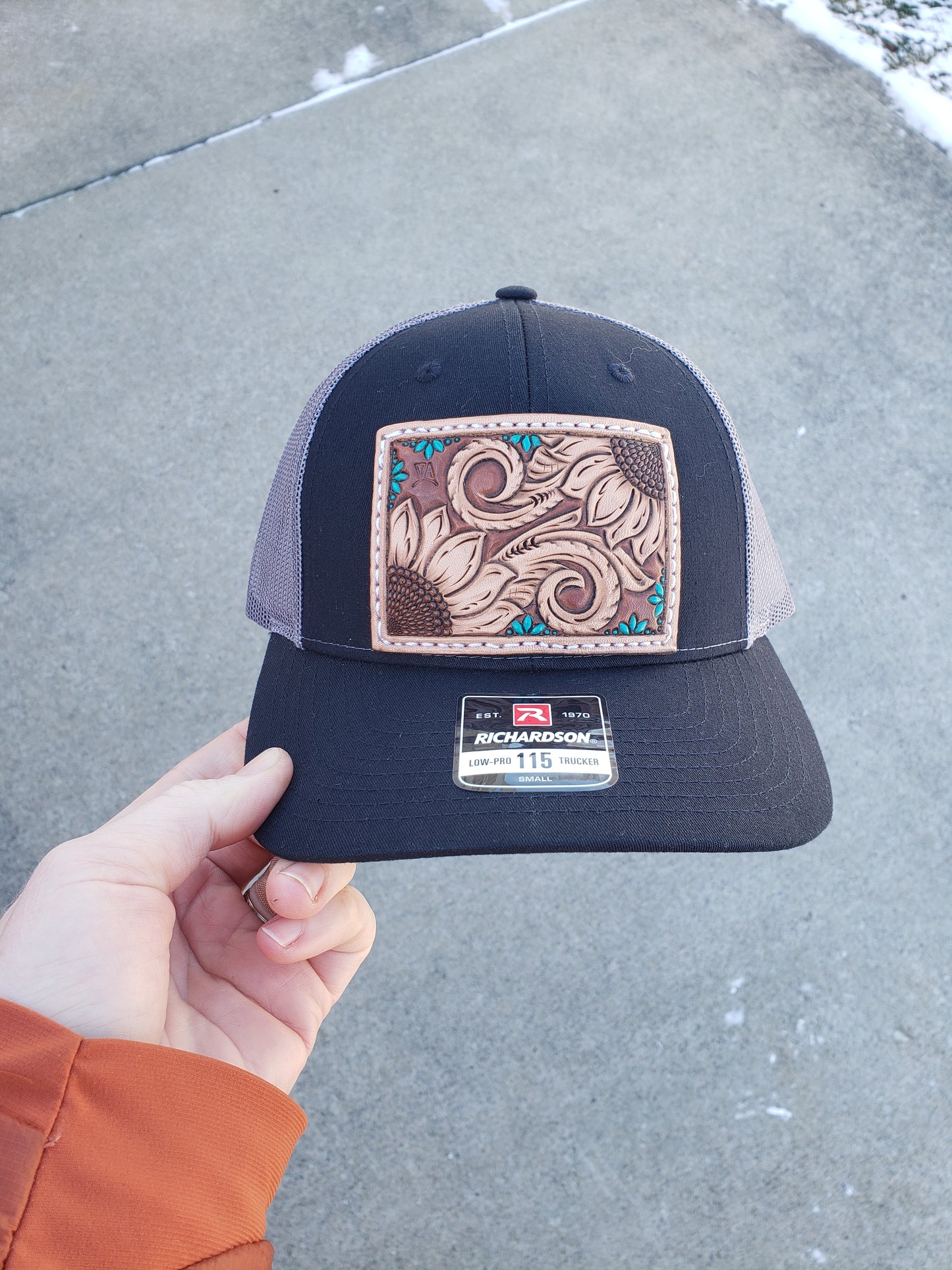 Tooled sunflower and turquoise snapback