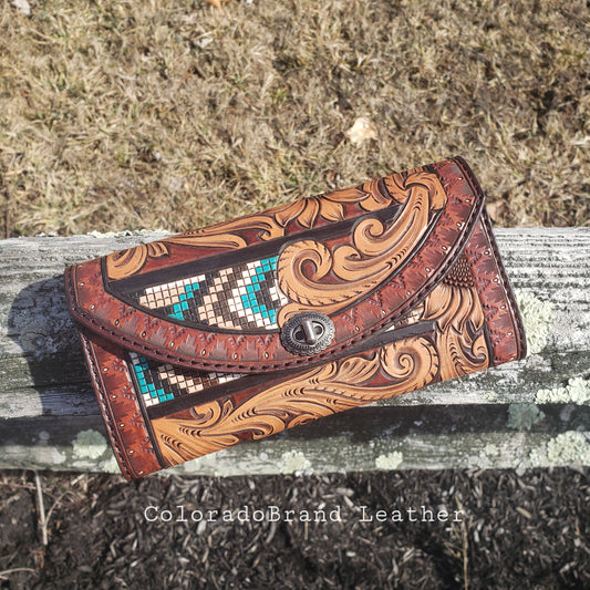 Handmade tooled leather women's trifold wallet