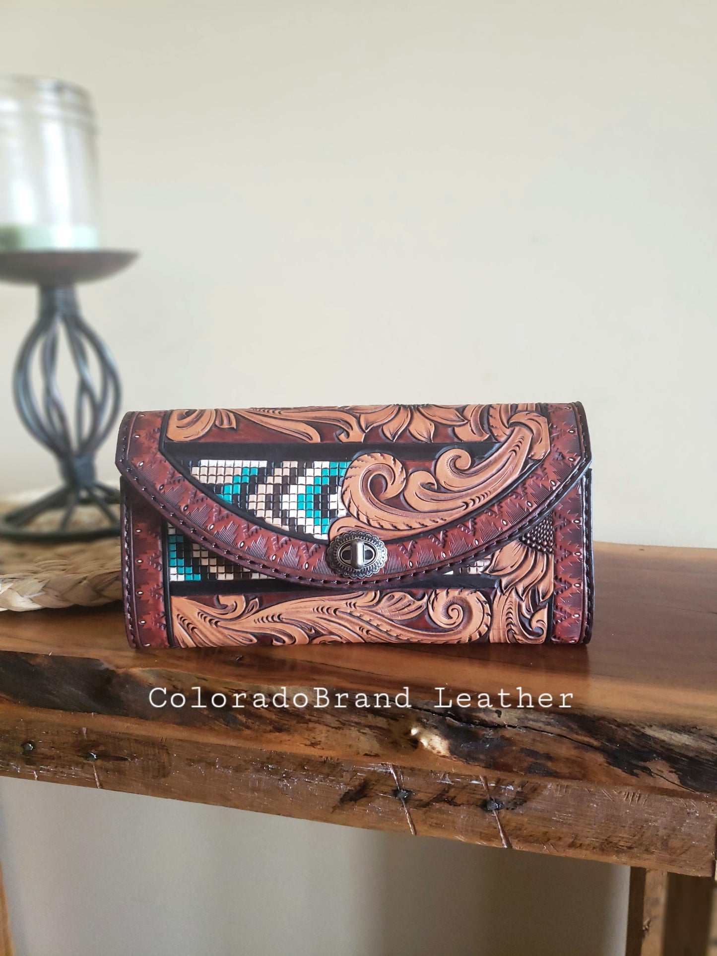 Handmade tooled leather women's trifold wallet