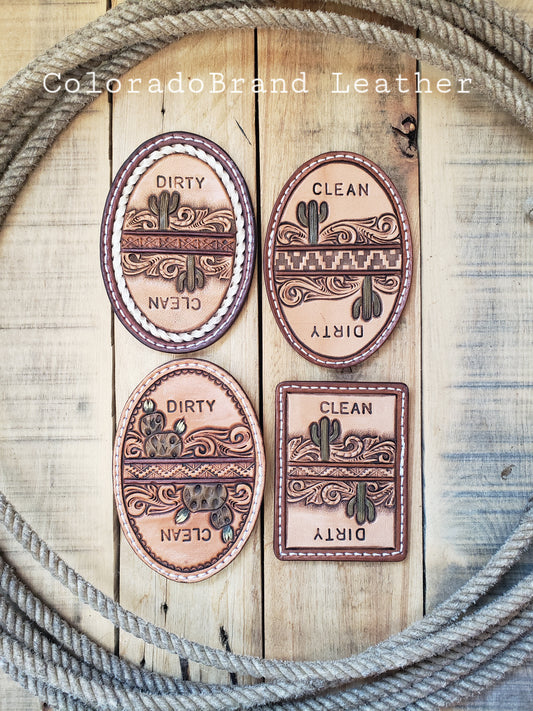 Western cactus tooled leather dirty clean dishwasher magnet