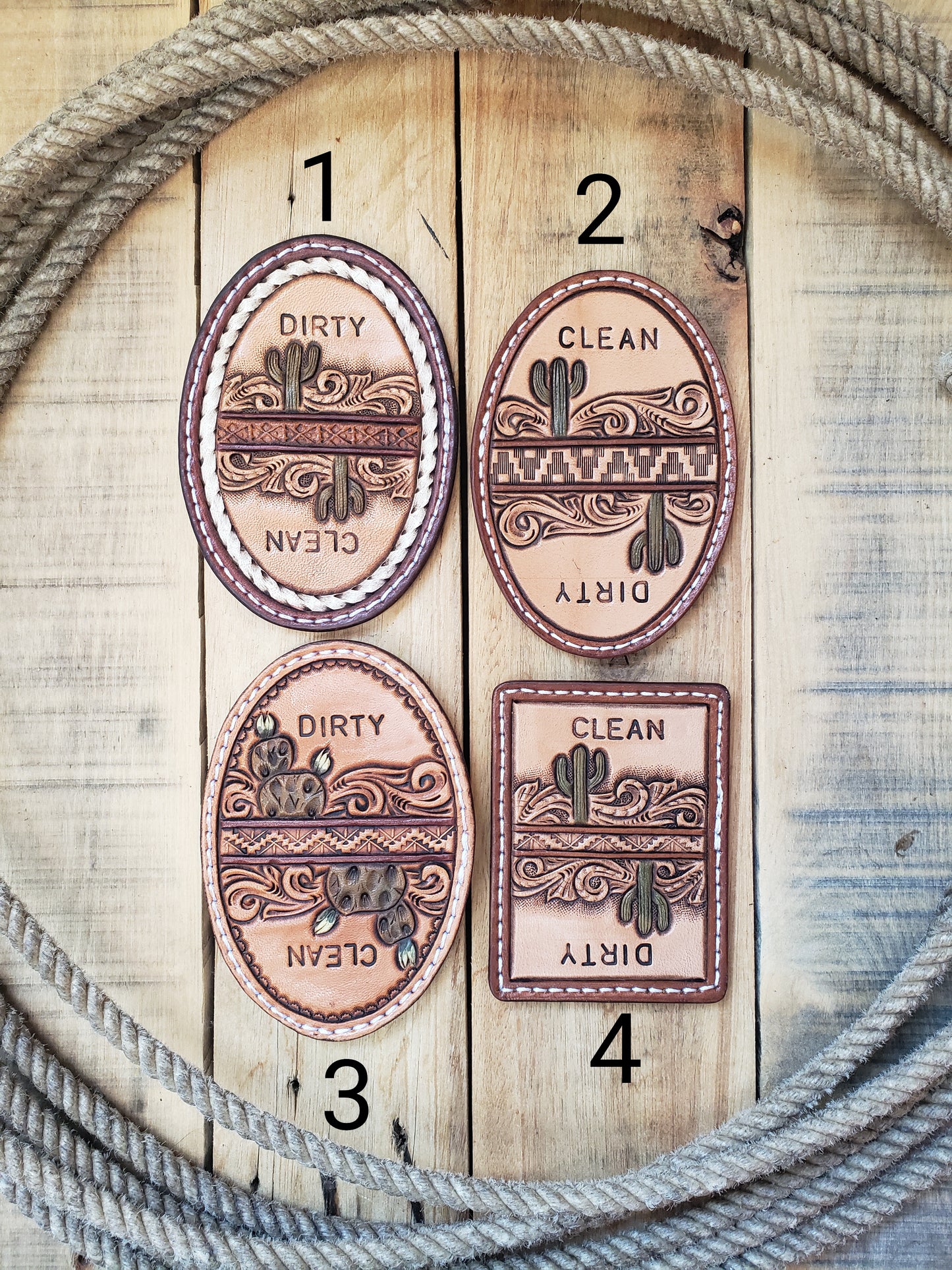 Western cactus tooled leather dirty clean dishwasher magnet