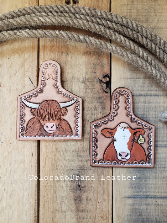 Tooled cow tag refrigerator magnets