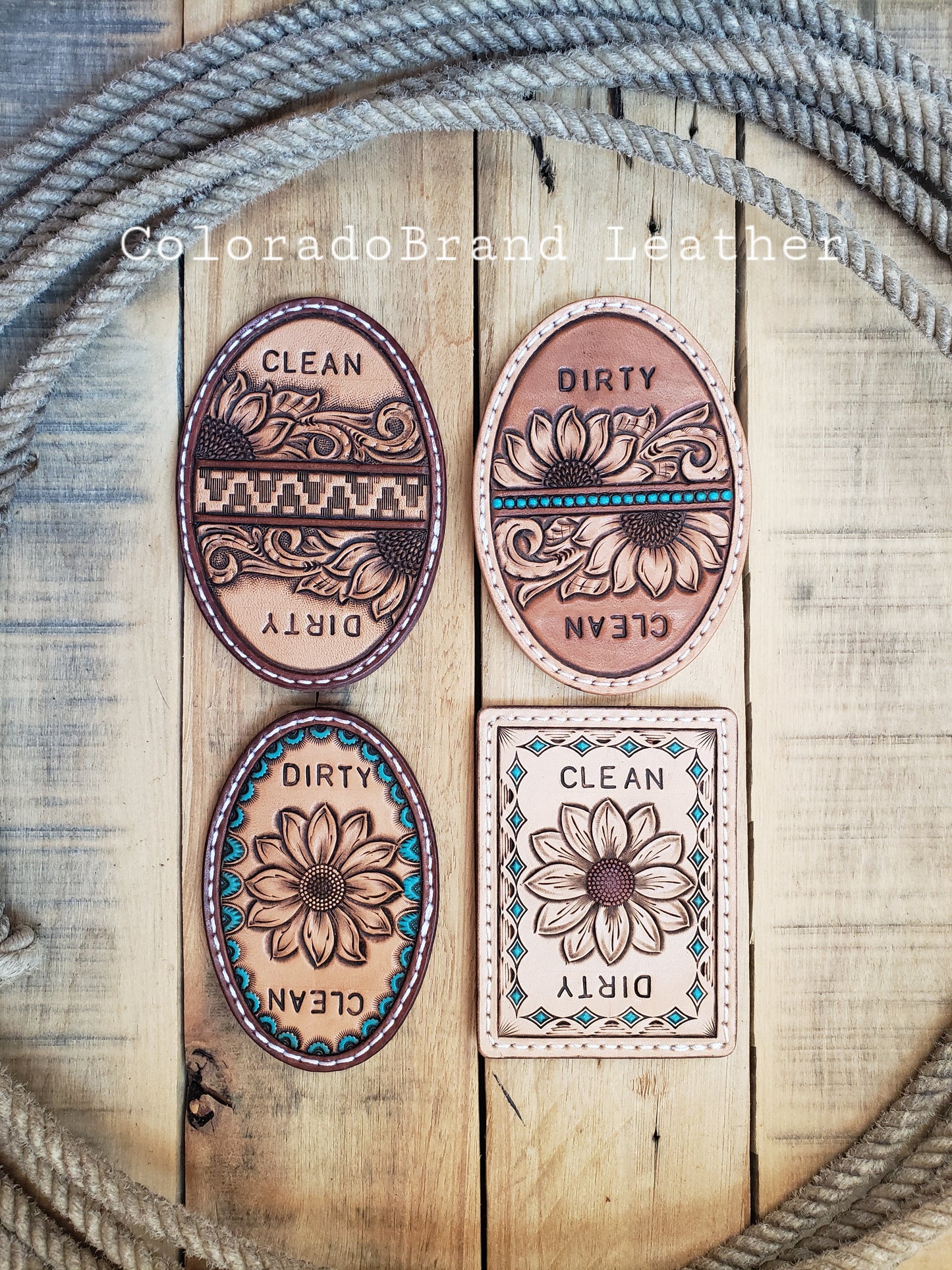 Floral tooled dirty clean dishwasher magnet