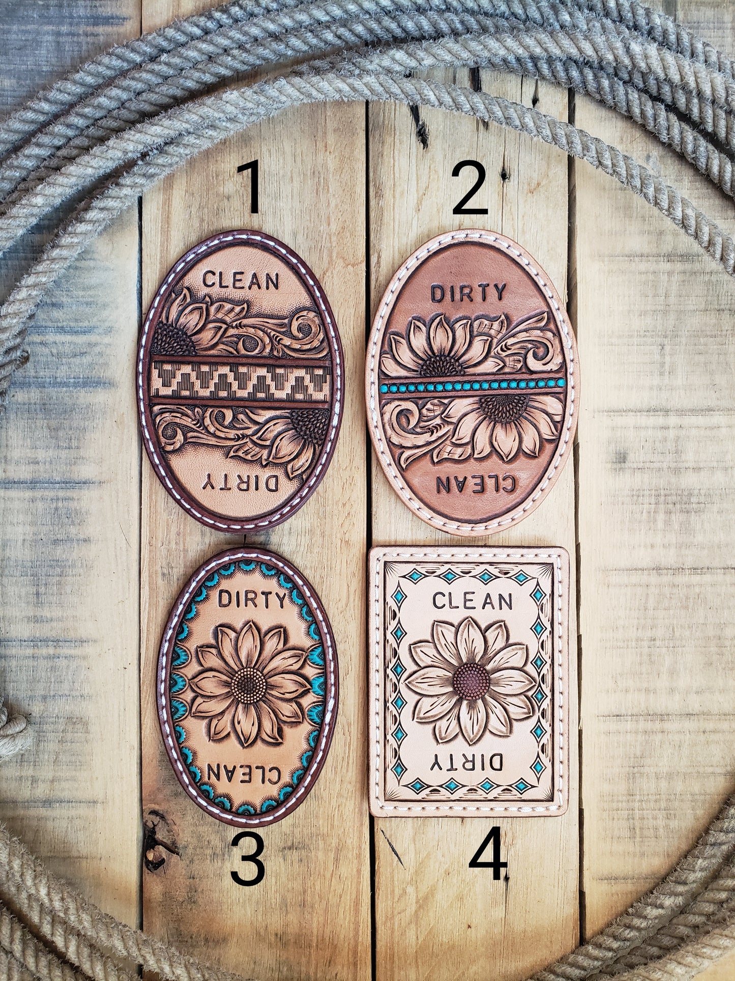 Floral tooled dirty clean dishwasher magnet