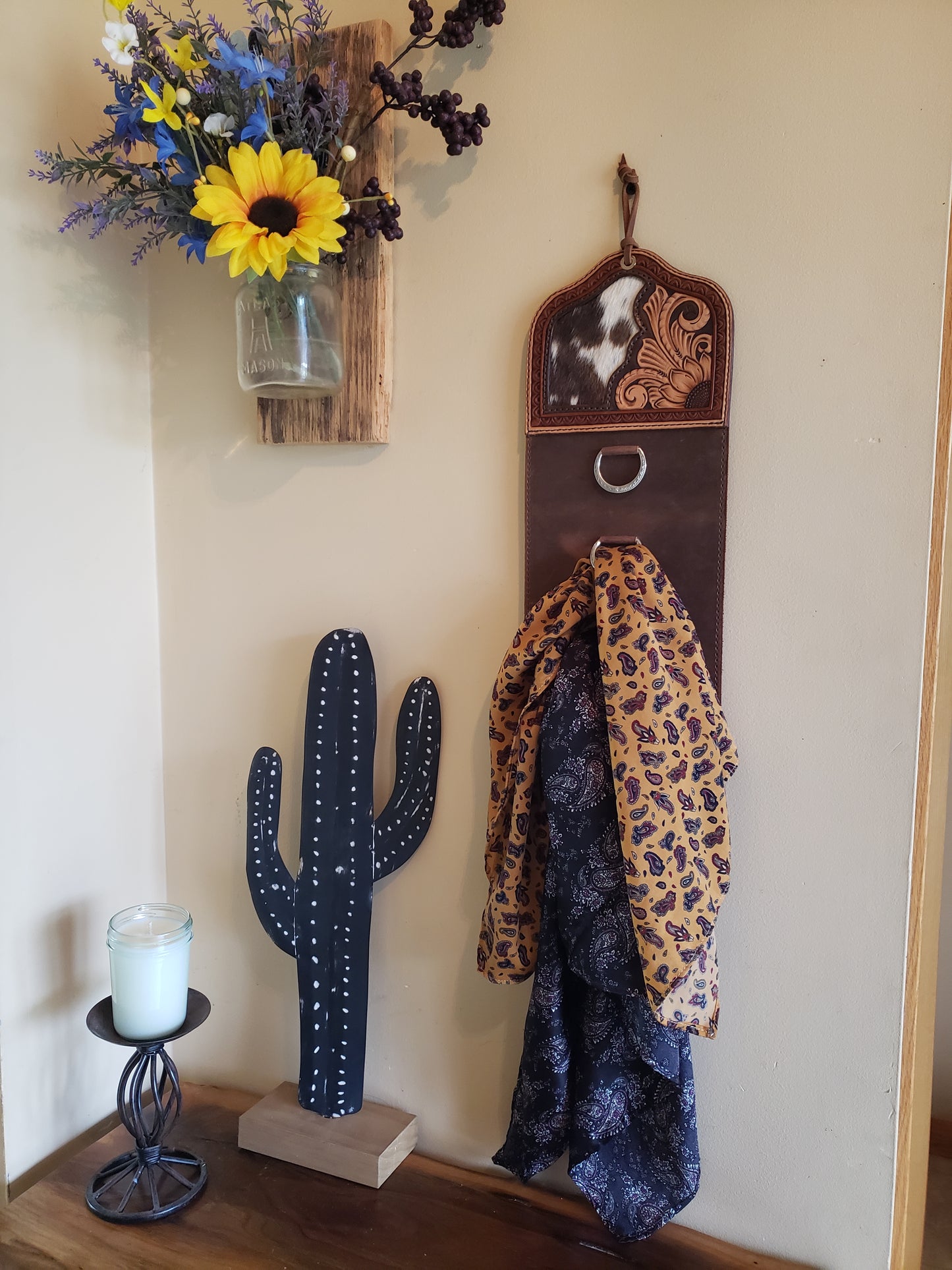 Handmade tooled leather wild rag holder, scarf rack, sunflower and cowhide inlay