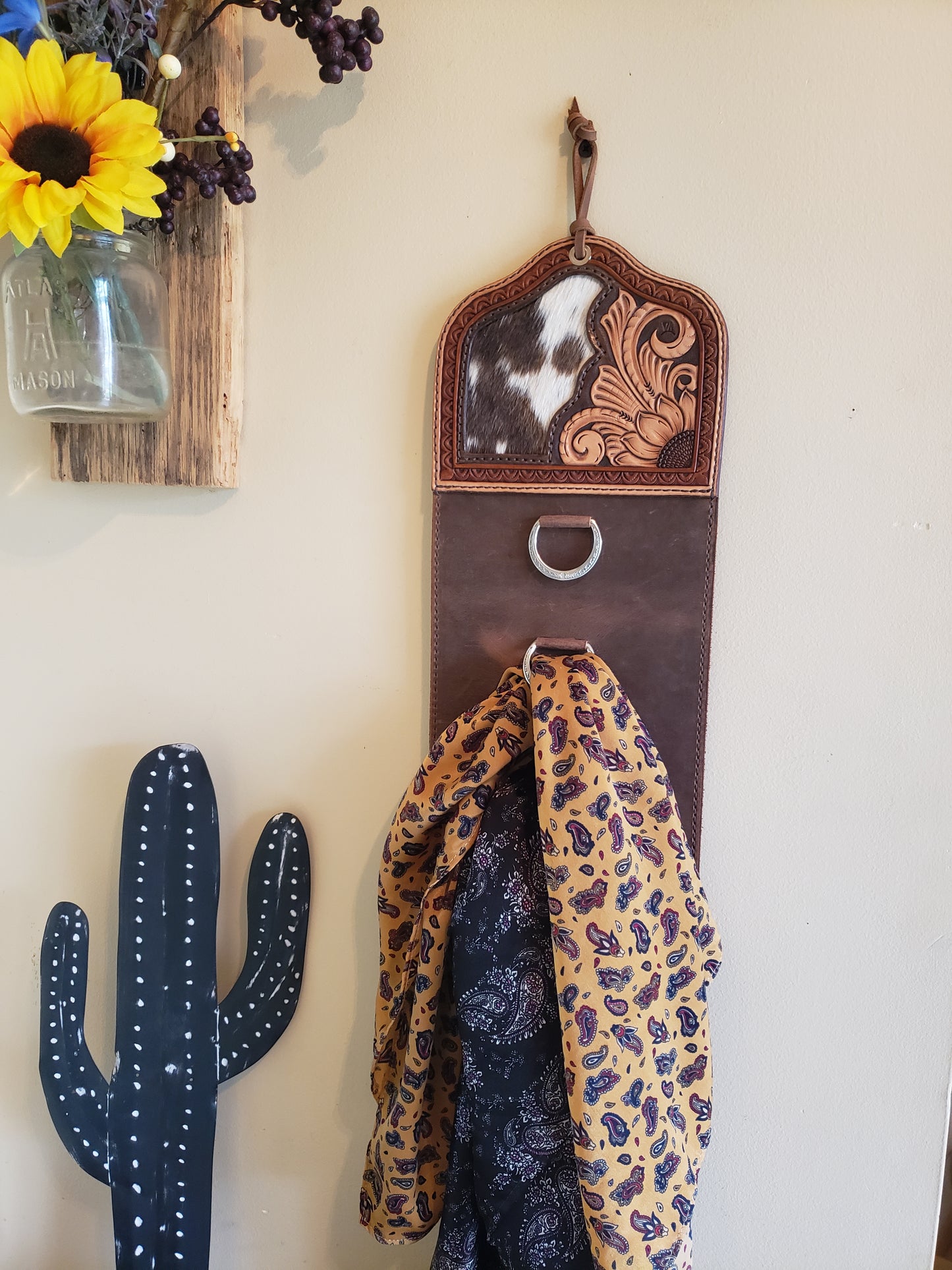 Handmade tooled leather wild rag holder, scarf rack, sunflower and cowhide inlay