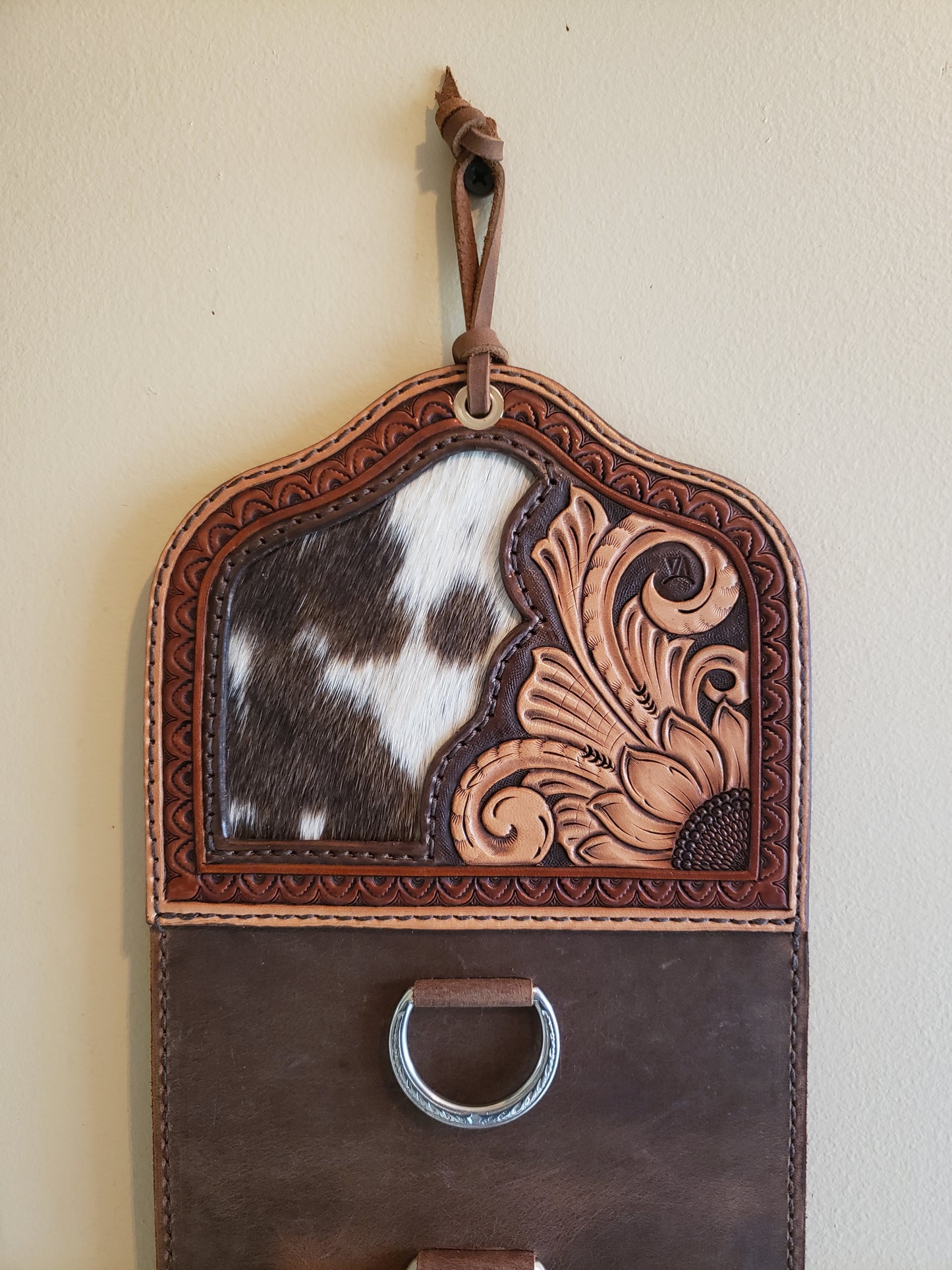 Handmade tooled leather wild rag holder, scarf rack, sunflower and cowhide inlay