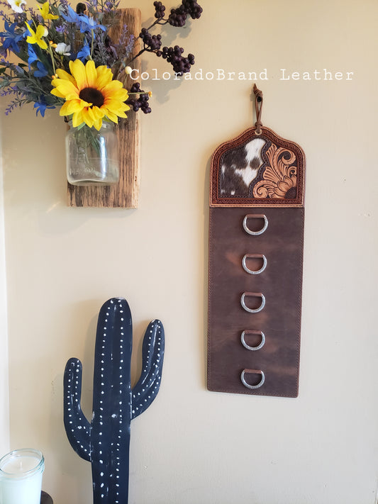 Handmade tooled leather wild rag holder, scarf rack, sunflower and cowhide inlay