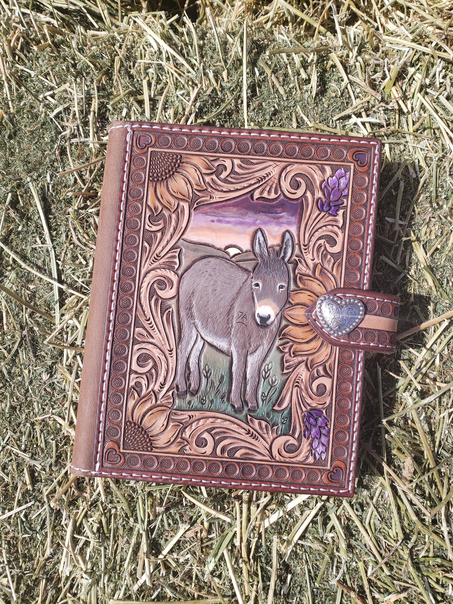 Handmade tooled Donkey and floral notebook cover, leather journal cover