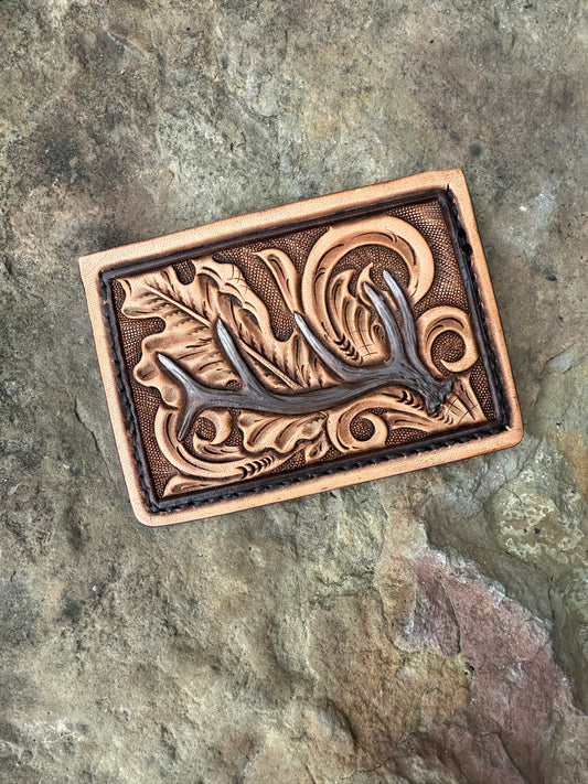 Tooled Leather Minimalist Card Wallet, Elk antler and oak leaves wallet