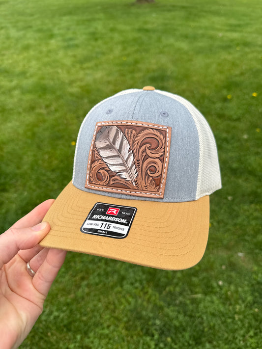 Tooled feather and scrolls snapback hat