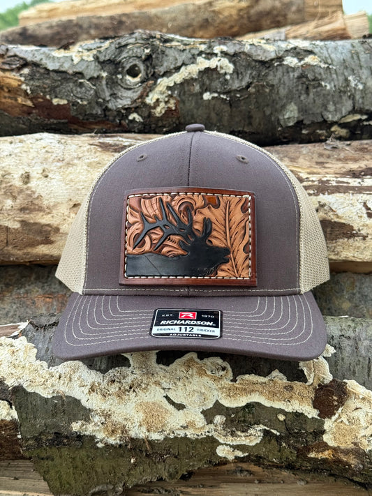 Tooled leather elk silhouette and floral Patch Hat