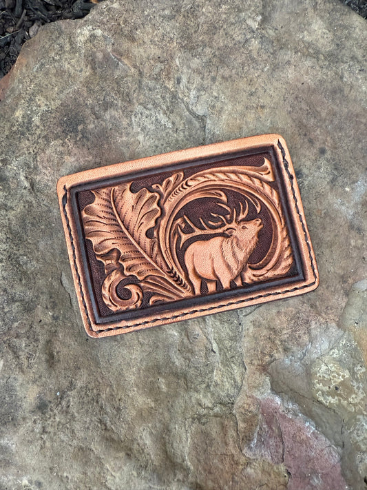 Tooled Leather Minimalist Card Wallet, Elk and oak leaves wallet