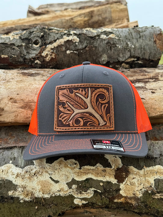 Tooled Mule deer Antler and floral Patch Hat
