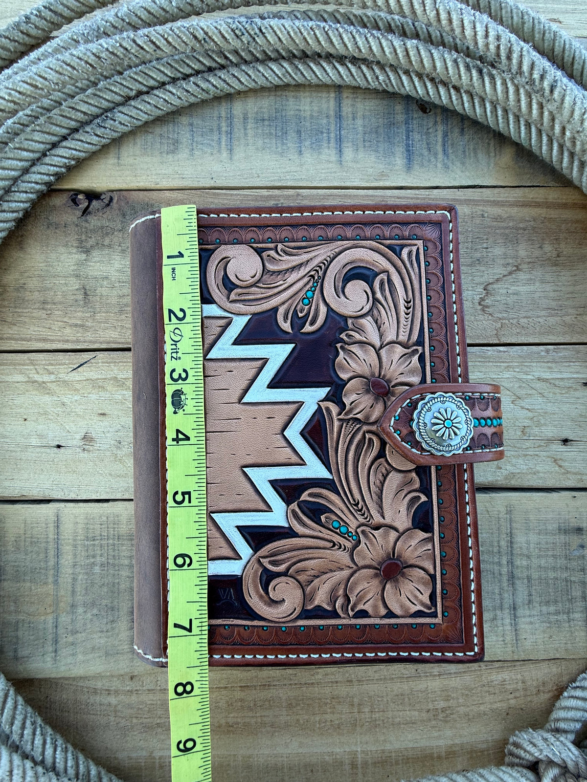 Handmade tooled leather western floral and Aztec notebook cover