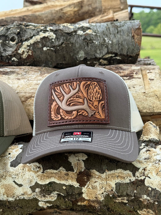 Tooled Whitetail Antler morel mushroom and floral Patch Hat