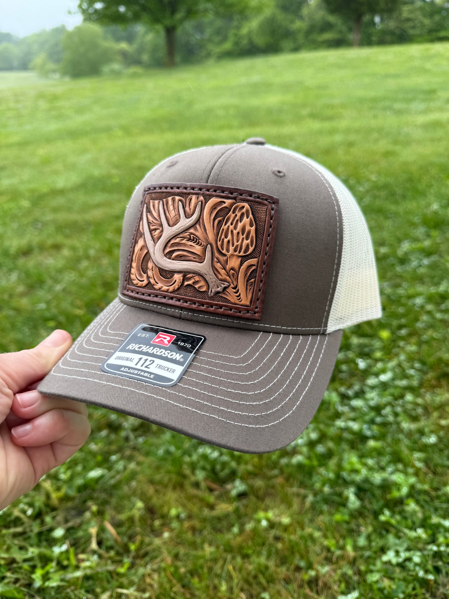 Tooled Whitetail Antler morel mushroom and floral Patch Hat