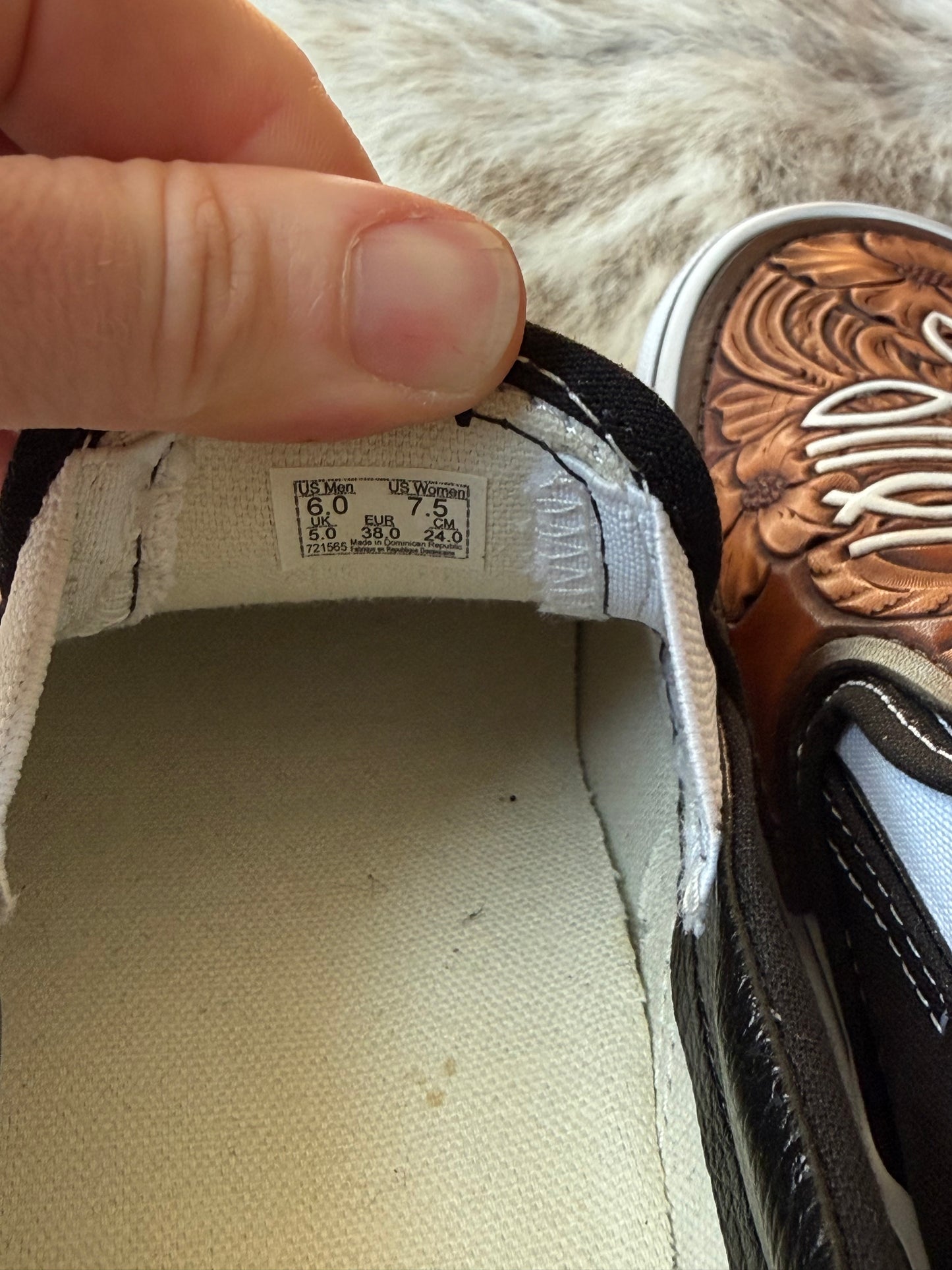 Women’s size 7.5 Custom Tooled Vans Slip on shoes with floral and bootstitch