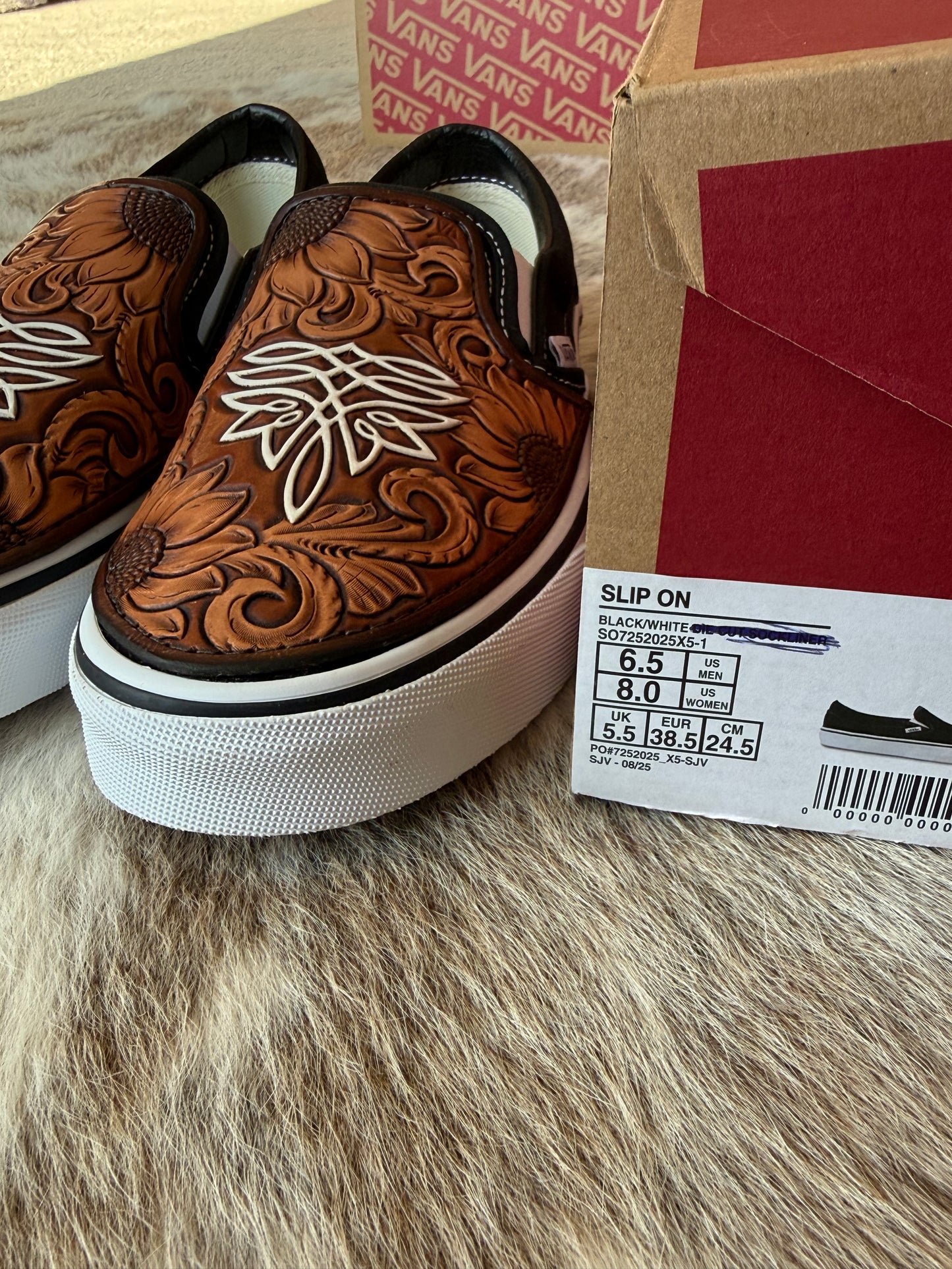 Women’s size 8 Custom Tooled Vans Slip on shoes with sunflower floral and bootstitch