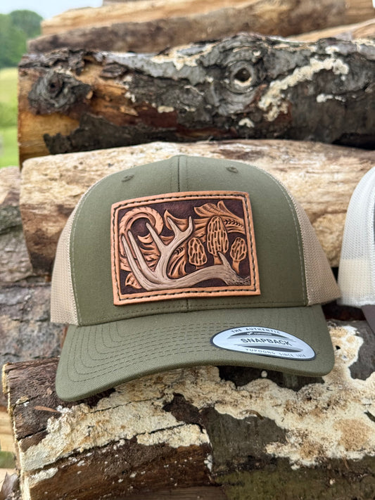 Tooled Whitetail Antler morel mushroom and floral Patch Hat