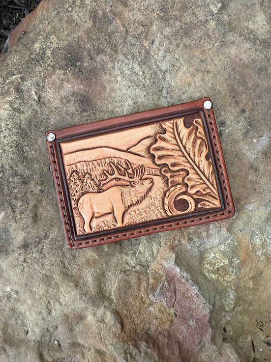 Tooled Leather Minimalist Card Wallet, Elk and oak leaves wallet