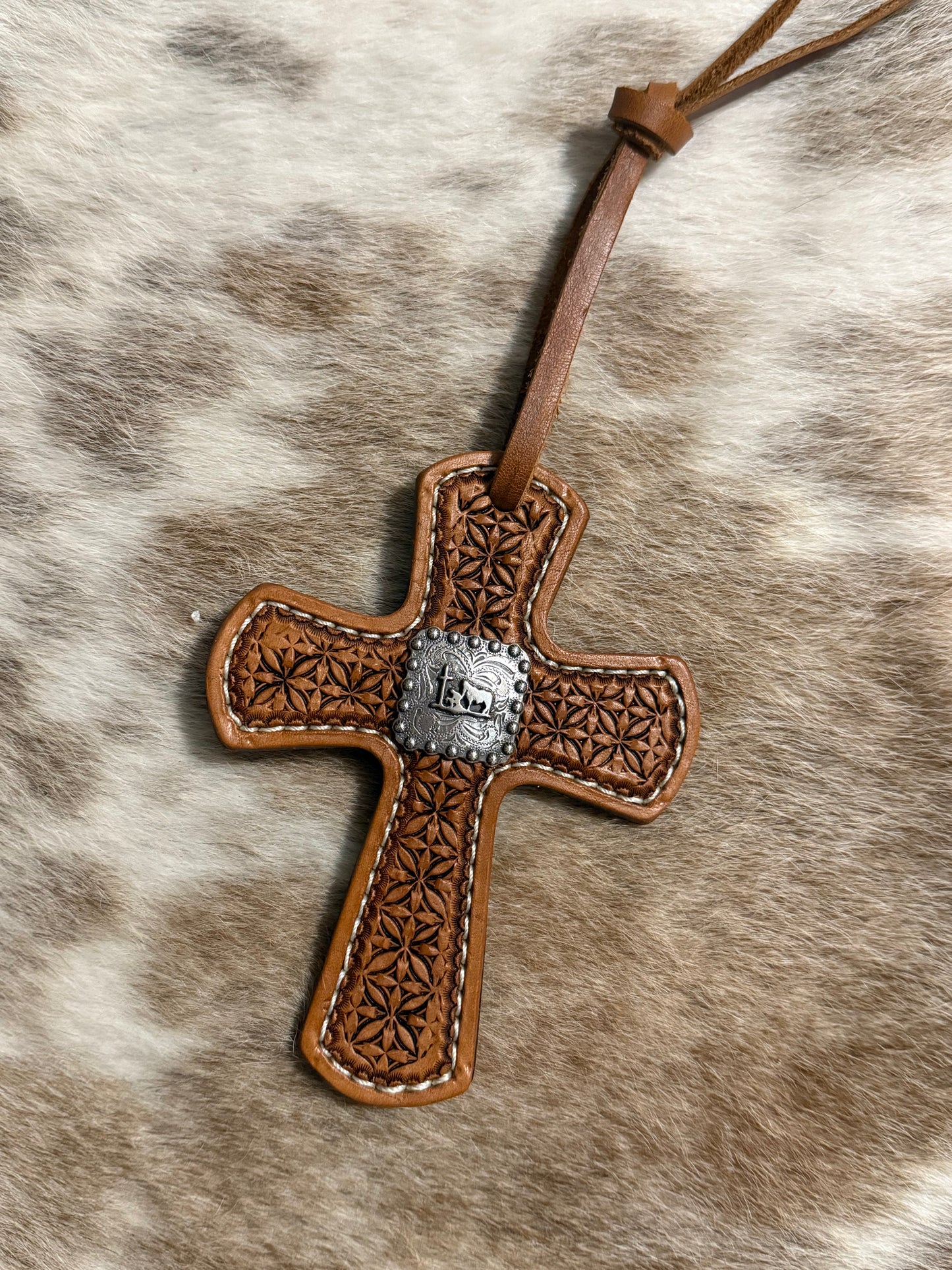Leather cross charm, geometric pattern with cowboy at the cross concho