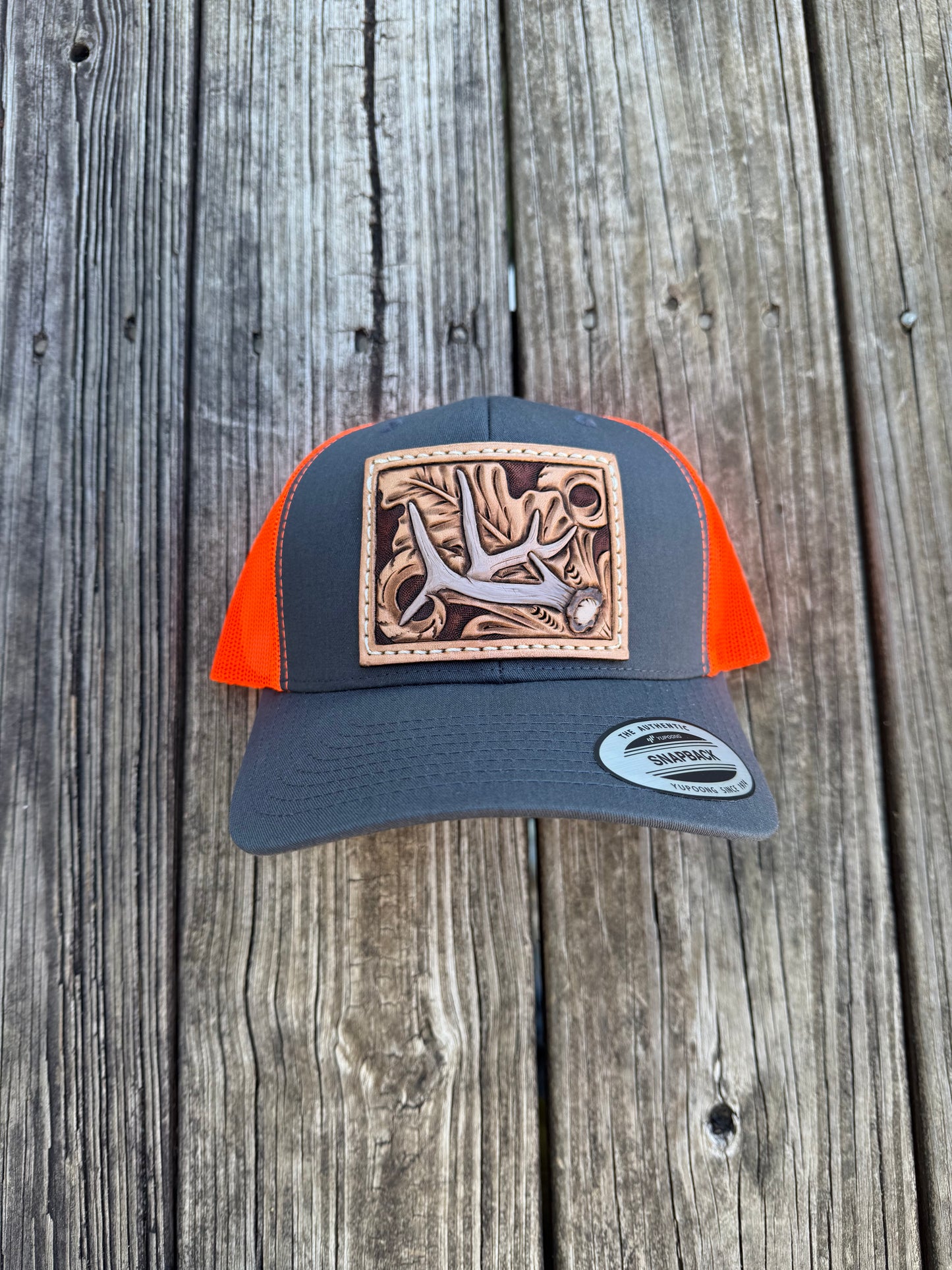 Tooled Whitetail deer Antler and floral Patch Hat