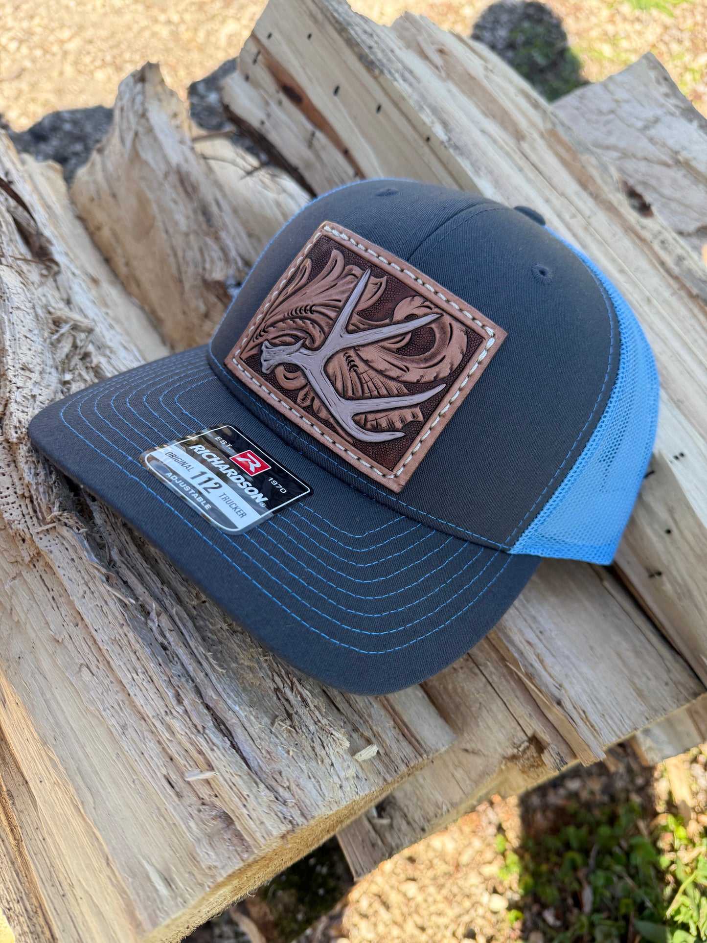 Tooled Mule deer Antler and floral Patch Hat