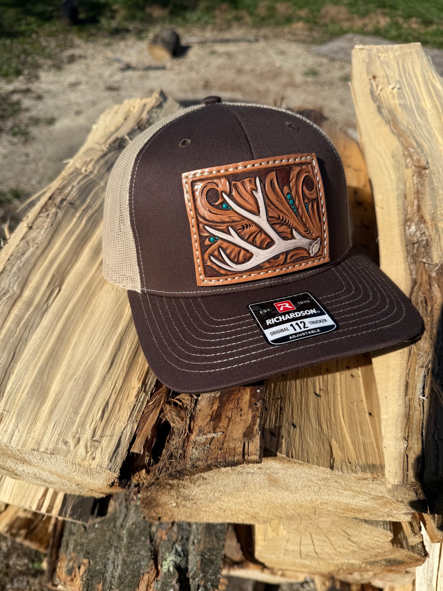 Tooled Mule deer Antler and floral Patch Hat