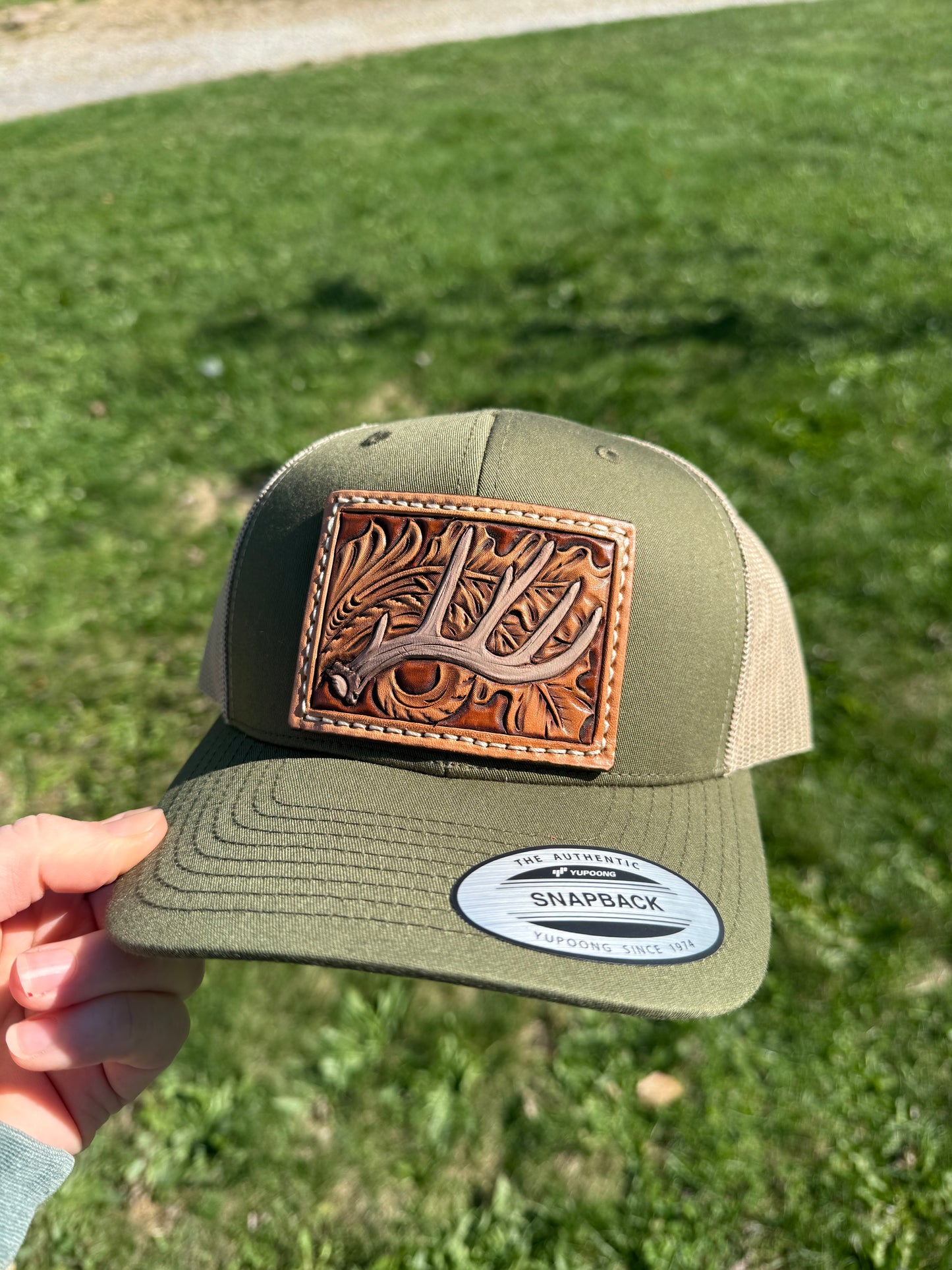 Tooled Whitetail Antler and oak leaf floral Patch Hat