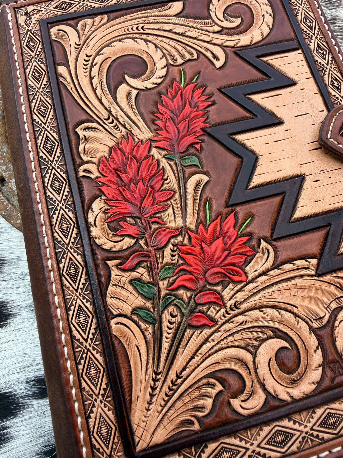 Handmade Tooled Leather Indian Paintbrush Notebook Cover