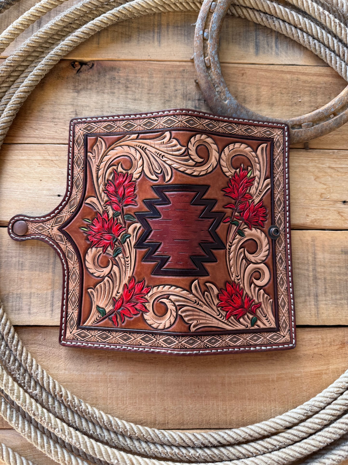 Handmade Indian Paintbrush and Aztec tooled ladies long wallet checkbook cover