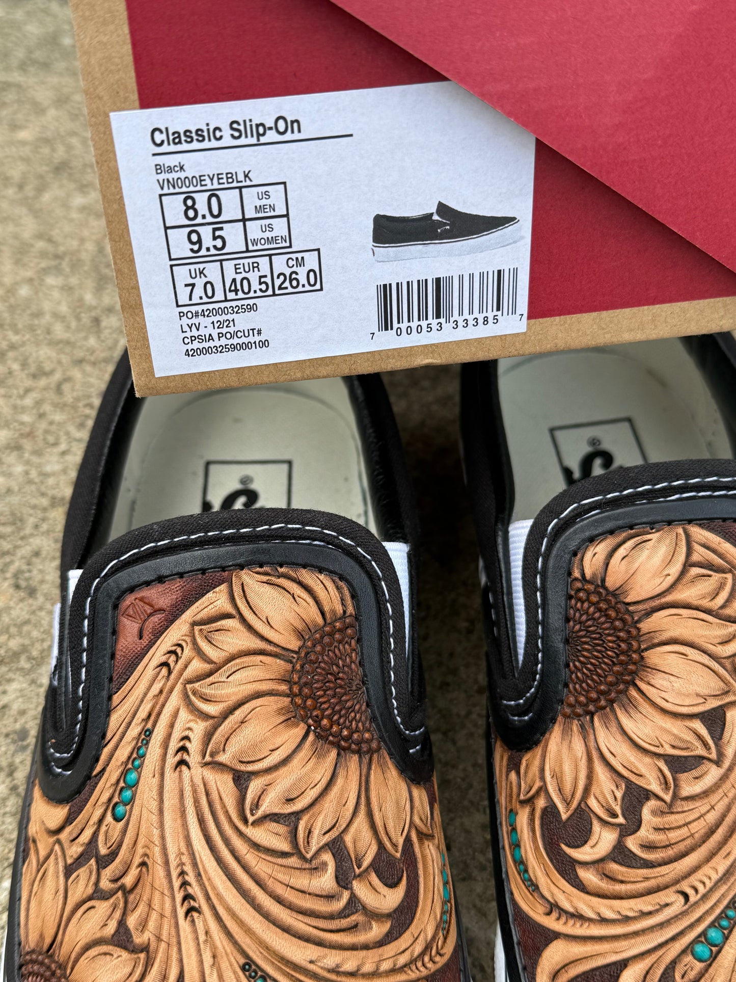Women’s size 9.5 Custom Tooled Vans Slip on shoes with sunflower floral and turquoise details