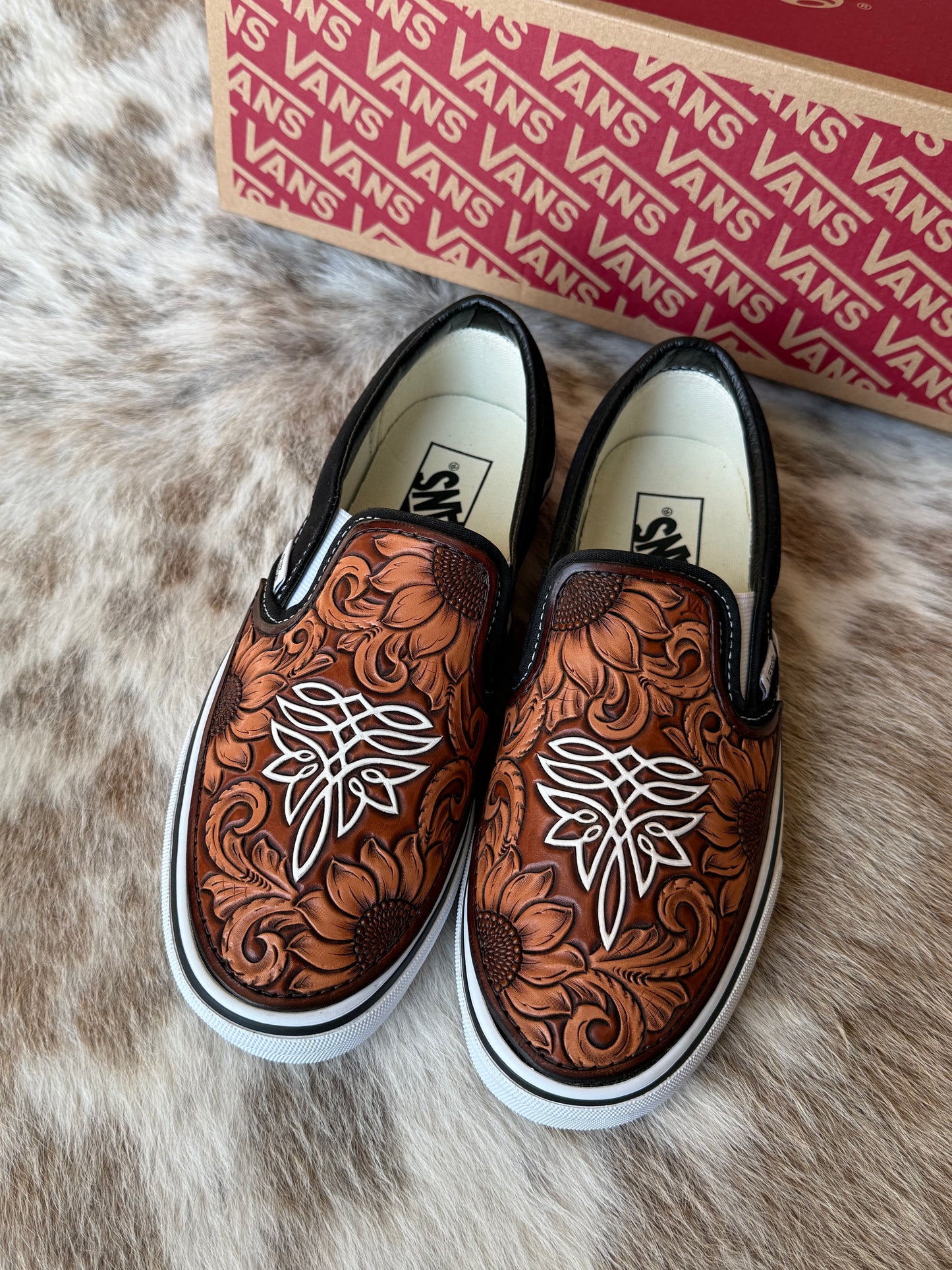 Women’s size 8 Custom Tooled Vans Slip on shoes with sunflower floral and bootstitch