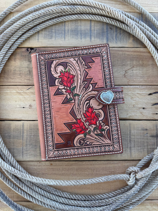 Handmade tooled leather Indian Paintbrush notebook cover