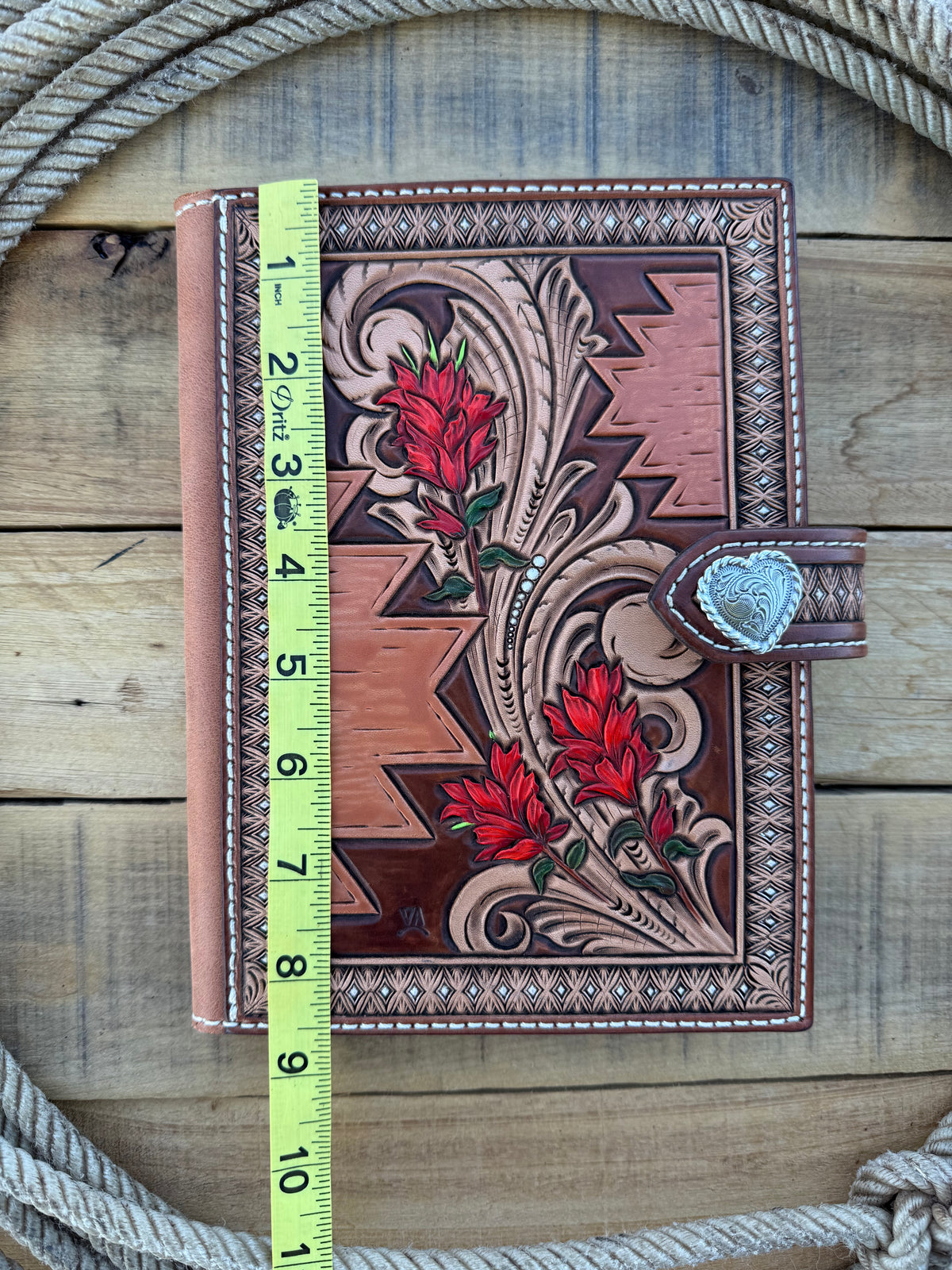 Handmade tooled leather Indian Paintbrush notebook cover