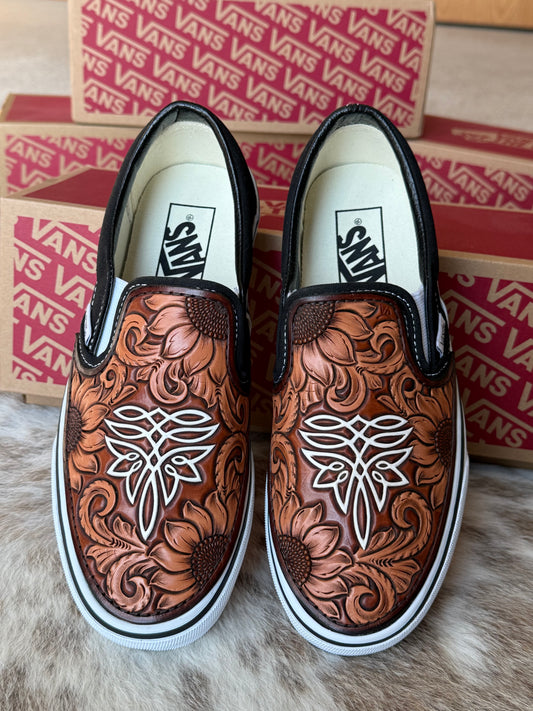 Women’s size 8 Custom Tooled Vans Slip on shoes with sunflower floral and bootstitch