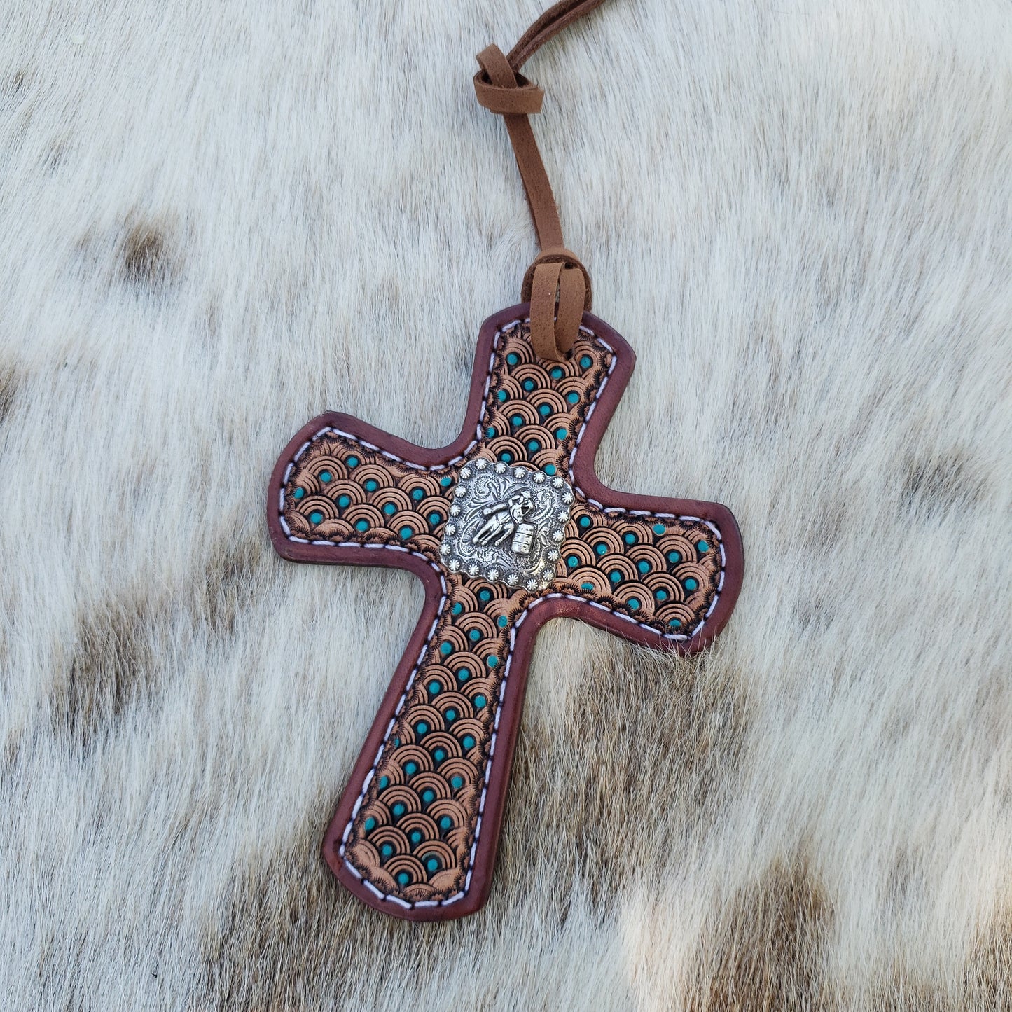 Leather cross charm, barrel racer with geometric and turquoise