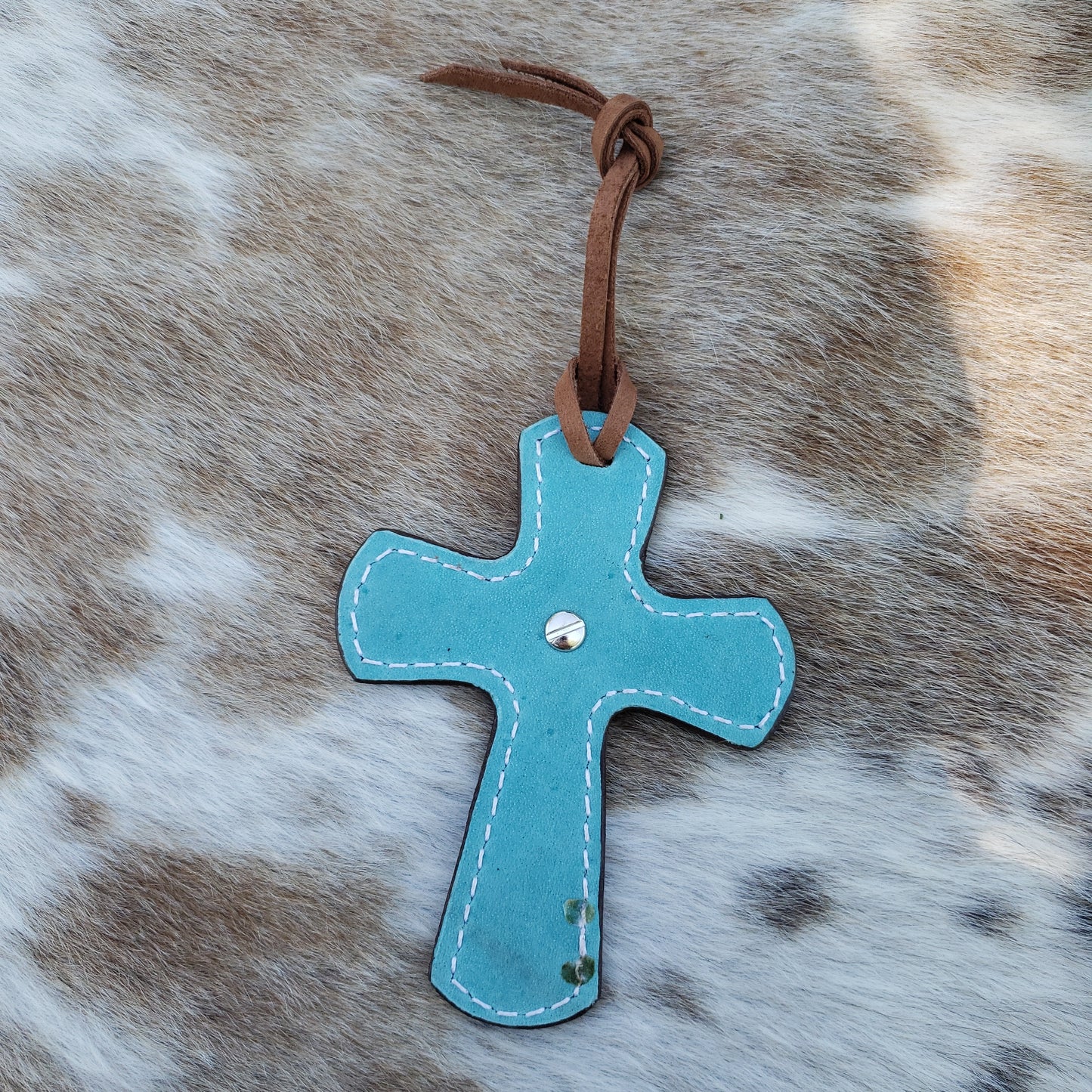 Leather cross charm, barrel racer with geometric and turquoise