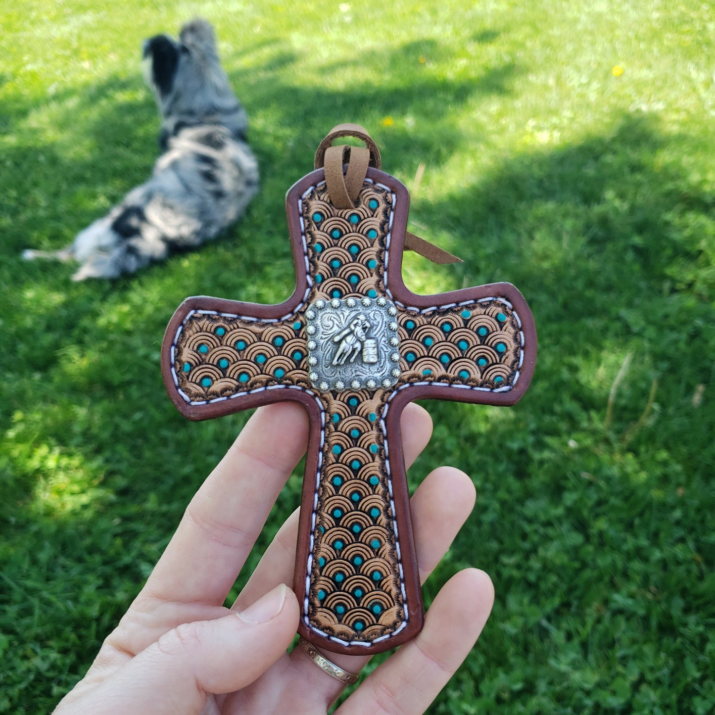 Leather cross charm, barrel racer with geometric and turquoise