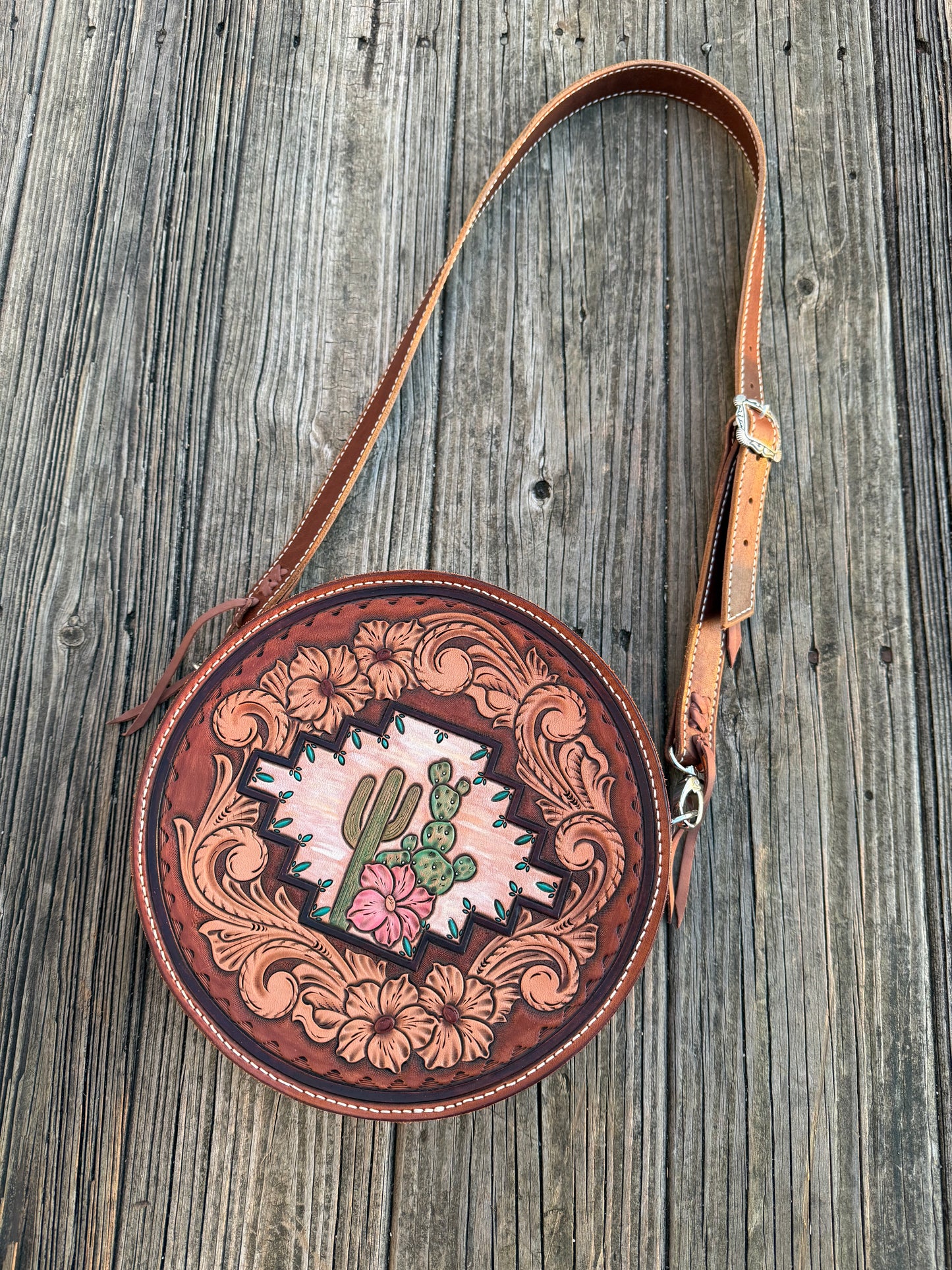Tooled leather round bag purse, cactus and floral round bag